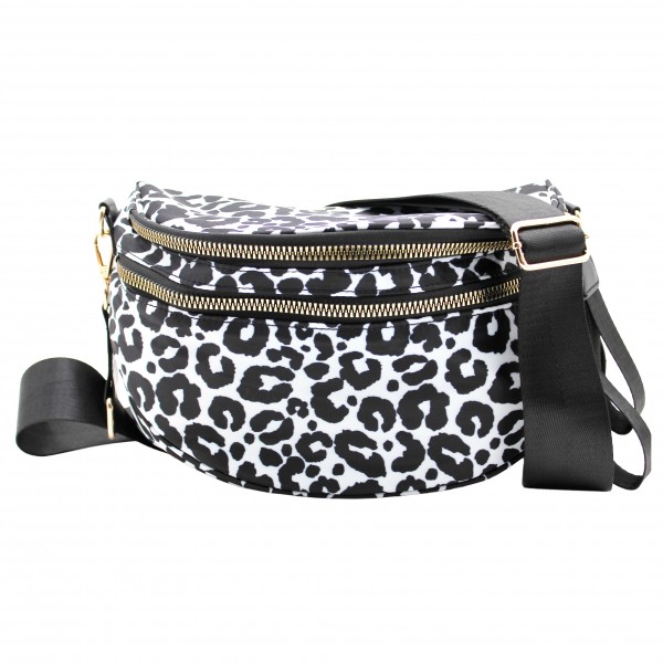 Do Everything In Love Nylon Animal Print Cross Body Bag

- Full Zip Closure
- 2 Front External Zip Pockets
- 1 Back External Zip Pocket  
- Lined Body
- 1 Internal Zip Pocket
- Removable Cross Body Strap
- 100% Polyester
- Approximately 12" L X 9" T X 4" D