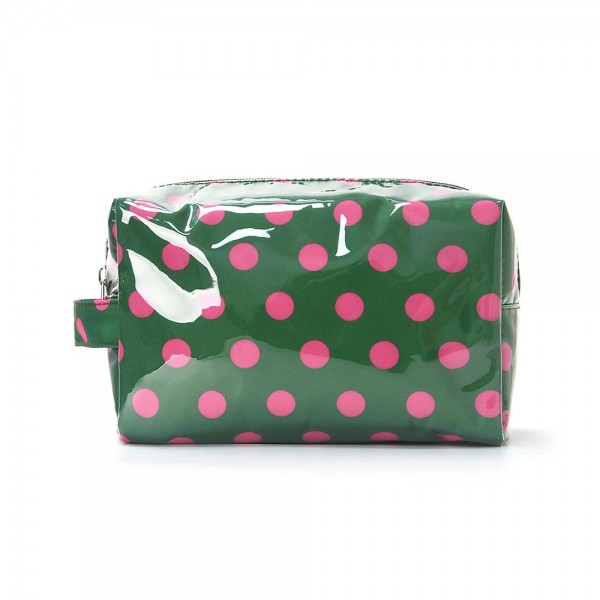 Clear Coat Polka Dot Pouch 

- Full Zip Closure
- Lined Body 
- Side Handle 
- Approximately 8" L X 5" T X 3.5" D