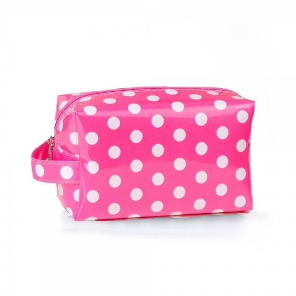 Clear Coat Polka Dot Pouch 

- Full Zip Closure
- Lined Body 
- Side Handle 
- Approximately 8" L X 5" T X 3.5" D