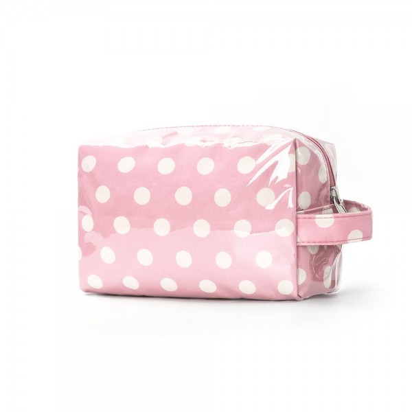 Clear Coat Polka Dot Pouch 

- Full Zip Closure
- Lined Body 
- Side Handle 
- Approximately 8" L X 5" T X 3.5" D