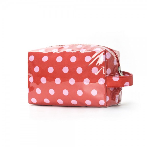 Clear Coat Polka Dot Pouch 

- Full Zip Closure
- Lined Body 
- Side Handle 
- Approximately 8" L X 5" T X 3.5" D
