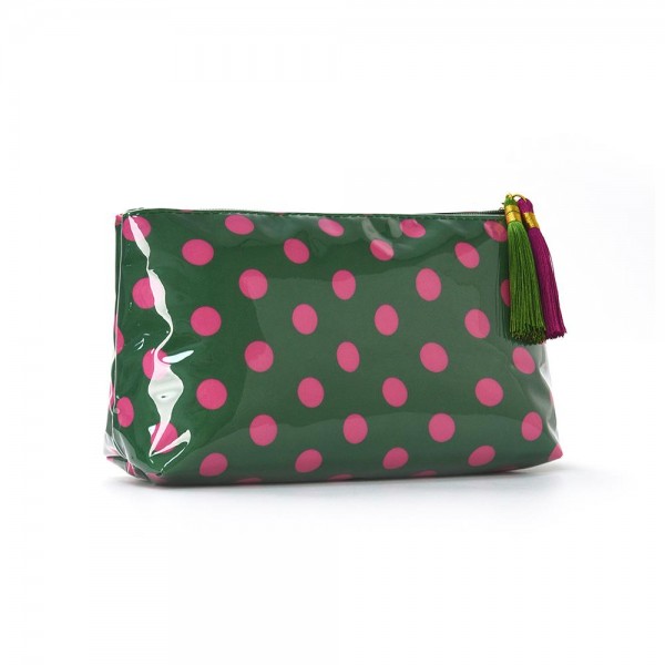 Clear Coat Polka Dot Pouch With Tassels 

- Full Zip Closure
- Lined Body
- Approximately 9" L X 5.25" T X 3.5" D