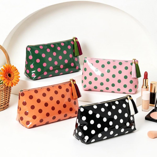 Clear Coat Polka Dot Pouch With Tassels 

- Full Zip Closure
- Lined Body
- Approximately 9" L X 5.25" T X 3.5" D