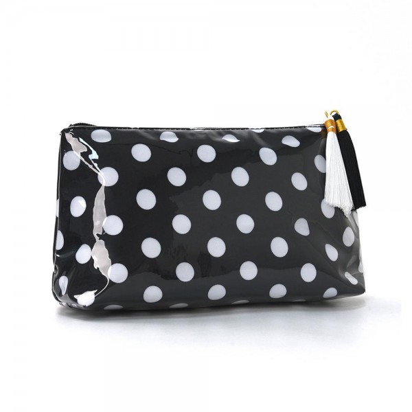 Clear Coat Polka Dot Pouch With Tassels 

- Full Zip Closure
- Lined Body
- Approximately 9" L X 5.25" T X 3.5" D