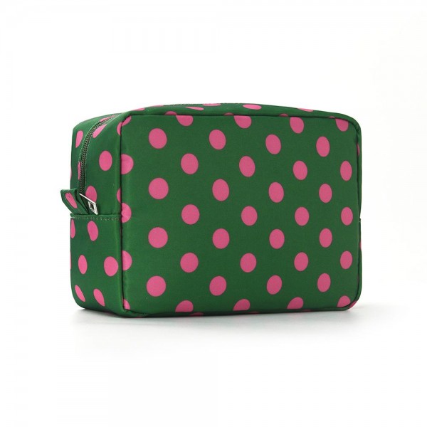 Nylon Polka Dot Pouch

- Full Zip Closure
- Lined Body
- Approximately 8.5" L X 6" T X 3" D