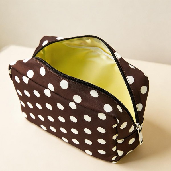Nylon Polka Dot Pouch

- Full Zip Closure
- Lined Body
- Approximately 8.5" L X 6" T X 3" D