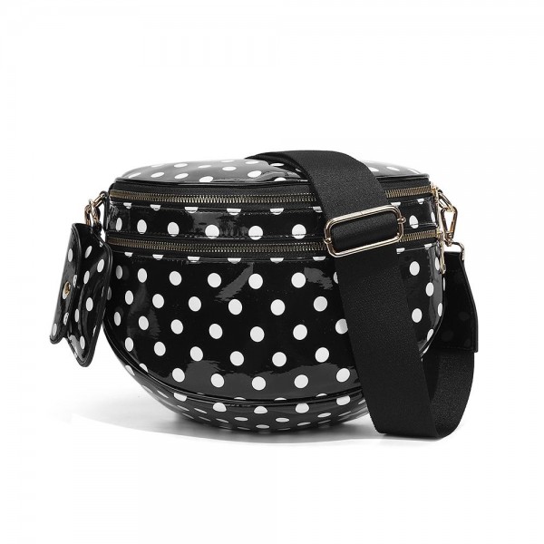 Vegan Leather Polka Dot Print Cross Body Bag

- Full Zip Closure
- 2 Front External Zip Pockets
- 1 Back External Zip Pocket
- Lined Body
- 1 Internal Zip Pocket
- Removable Cross Body Strap
- Removable Coin Pouch 
- Approximately 13" L X 7" T X 4" D