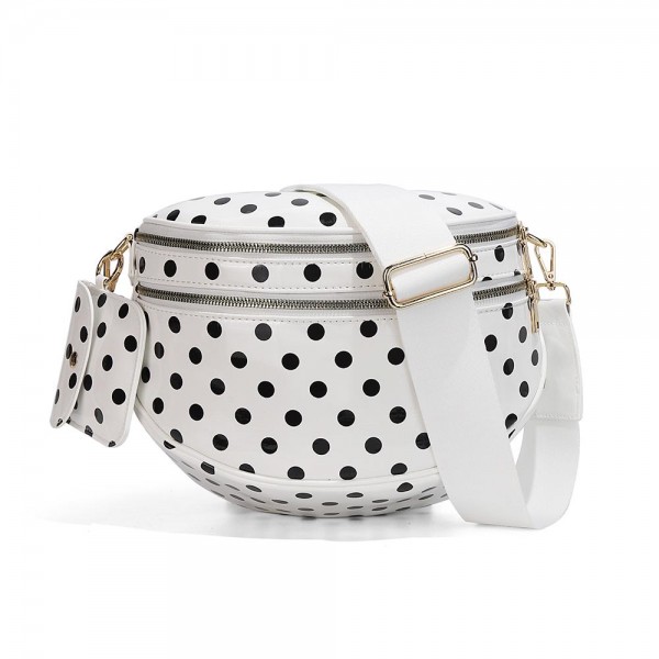 Vegan Leather Polka Dot Print Cross Body Bag

- Full Zip Closure
- 2 Front External Zip Pockets
- 1 Back External Zip Pocket
- Lined Body
- 1 Internal Zip Pocket
- Removable Cross Body Strap
- Removable Coin Pouch 
- Approximately 13" L X 7" T X 4" D