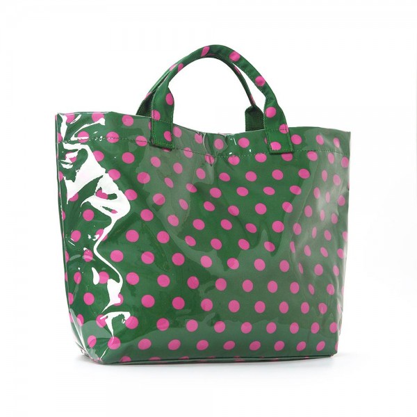 Polka Dot Clear Coat Tote Bag 

- Snap Closure
- Lined Body
- 1 Internal Zip Pocket 
- Approximately 16" L X 12" T X 4" D