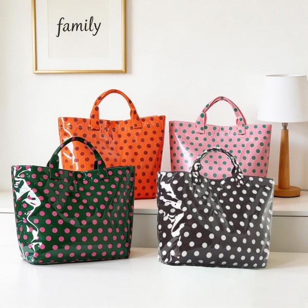 Polka Dot Clear Coat Tote Bag 

- Snap Closure
- Lined Body
- 1 Internal Zip Pocket 
- Approximately 16" L X 12" T X 4" D