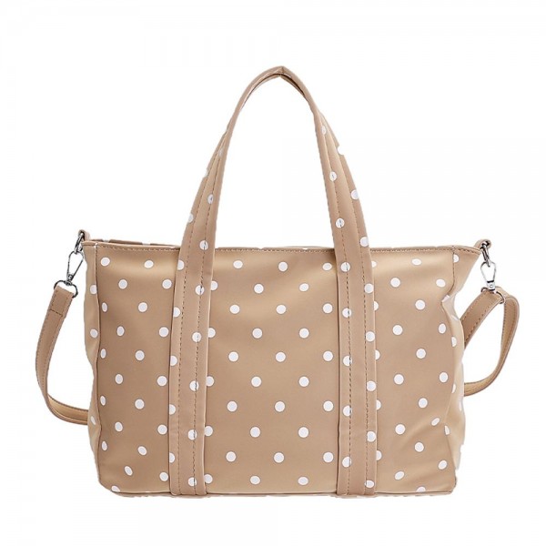 Soft Nylon Polka Dot Tote Bag 

- Full Zip Closure 
- Lined Body
- Inner Zip Closure 
- Removeable Crossbody Strap 
- Approximately 12" L X 9" T X 3" W 