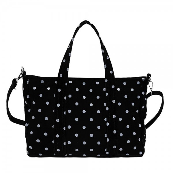Soft Nylon Polka Dot Tote Bag 

- Full Zip Closure 
- Lined Body
- Inner Zip Closure 
- Removeable Crossbody Strap 
- Approximately 12" L X 9" T X 3" W 