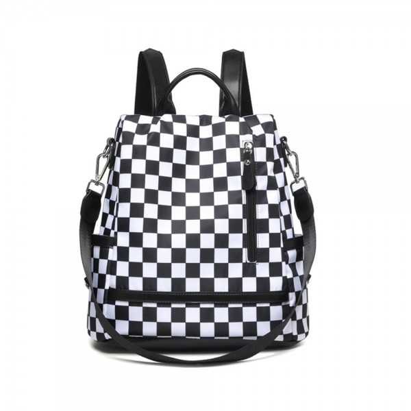 Nylon Checker Backpack With Vegan Leather Details 

- Front Zip Pocket 
- 2 Side Open Pockets 
- 1 Zip Back Pocket 
- Lined Body
- 2 Internal Open Pockets
- 1 Internal Zip Pocket 
- 3 Card Holders
- Removable Shoulder Strap
- 4 Pencil/Pen Holders 
- Internal Spiral Key Ring 
- Approximately 11" L X 12" T X 5.25" D