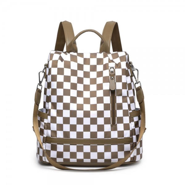 Nylon Checker Backpack With Vegan Leather Details 

- Front Zip Pocket 
- 2 Side Open Pockets 
- 1 Zip Back Pocket 
- Lined Body
- 2 Internal Open Pockets
- 1 Internal Zip Pocket 
- 3 Card Holders
- Removable Shoulder Strap
- 4 Pencil/Pen Holders 
- Internal Spiral Key Ring 
- Approximately 11" L X 12" T X 5.25" D