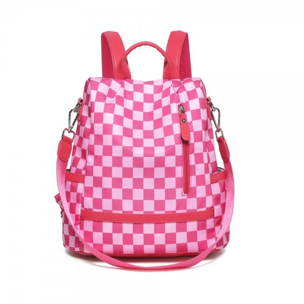 Nylon Checker Backpack With Vegan Leather Details 

- Front Zip Pocket 
- 2 Side Open Pockets 
- 1 Zip Back Pocket 
- Lined Body
- 2 Internal Open Pockets
- 1 Internal Zip Pocket 
- 3 Card Holders
- Removable Shoulder Strap
- 4 Pencil/Pen Holders 
- Internal Spiral Key Ring 
- Approximately 11" L X 12" T X 5.25" D