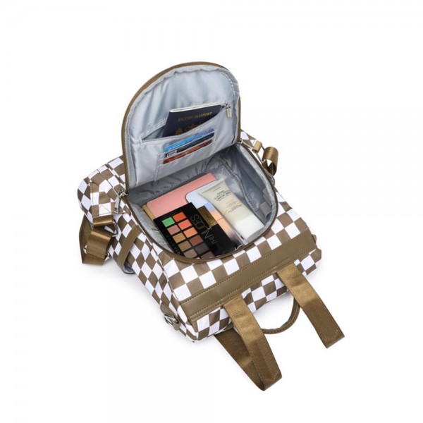 Nylon Checker Backpack With Vegan Leather Details 

- Front Zip Pocket 
- 2 Side Open Pockets 
- 1 Zip Back Pocket 
- Lined Body
- 2 Internal Open Pockets
- 1 Internal Zip Pocket 
- 3 Card Holders
- Removable Shoulder Strap
- 4 Pencil/Pen Holders 
- Internal Spiral Key Ring 
- Approximately 11" L X 12" T X 5.25" D