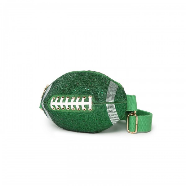 Rhinestone & Glitter Football Crossbody Bag 

- Zip Closure
- Lined Body 
- Adjustable Canvas Crossbody Strap 
- Approximately 4" T x 11" L x 5" D