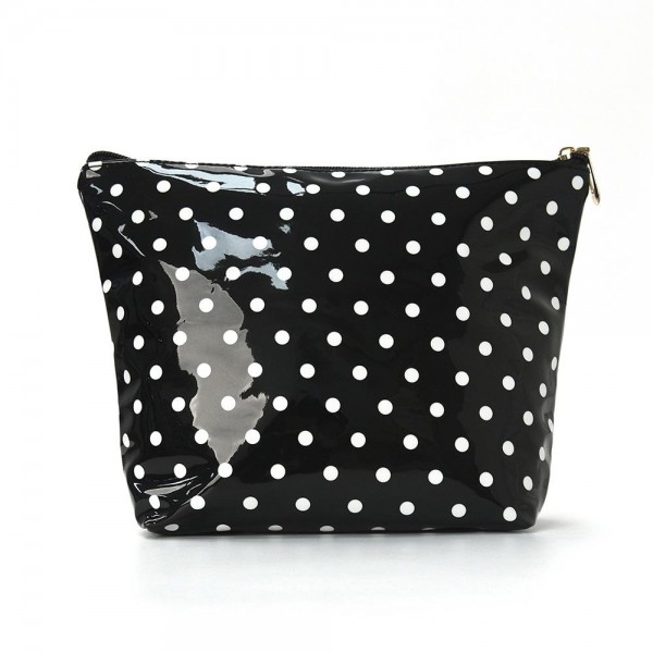 Polka Dot Makeup Bag with a glossy coated finish that wipes clean in seconds. A roomy zip top pouch with a flat bottom that stands upright, holding cosmetics, brushes, skincare, or travel essentials. Just as handy for pencils, chargers, or a first aid kit in a tote or backpack. Cheerful polka dots and an easy price point make these a natural impulse buy and a go to gift for teachers, bridesmaids, and friends.
