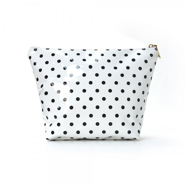 Polka Dot Makeup Bag with a glossy coated finish that wipes clean in seconds. A roomy zip top pouch with a flat bottom that stands upright, holding cosmetics, brushes, skincare, or travel essentials. Just as handy for pencils, chargers, or a first aid kit in a tote or backpack. Cheerful polka dots and an easy price point make these a natural impulse buy and a go to gift for teachers, bridesmaids, and friends.
