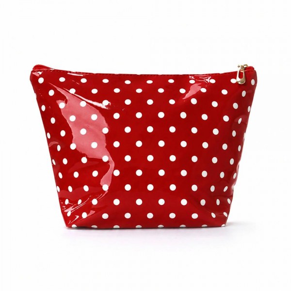 Polka Dot Makeup Bag with a glossy coated finish that wipes clean in seconds. A roomy zip top pouch with a flat bottom that stands upright, holding cosmetics, brushes, skincare, or travel essentials. Just as handy for pencils, chargers, or a first aid kit in a tote or backpack. Cheerful polka dots and an easy price point make these a natural impulse buy and a go to gift for teachers, bridesmaids, and friends.