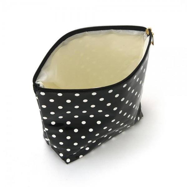 Polka Dot Makeup Bag with a glossy coated finish that wipes clean in seconds. A roomy zip top pouch with a flat bottom that stands upright, holding cosmetics, brushes, skincare, or travel essentials. Just as handy for pencils, chargers, or a first aid kit in a tote or backpack. Cheerful polka dots and an easy price point make these a natural impulse buy and a go to gift for teachers, bridesmaids, and friends.