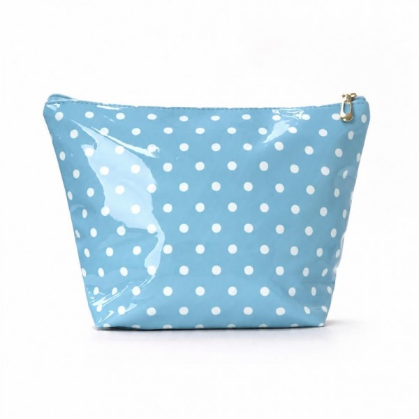 Polka Dot Makeup Bag with a glossy coated finish that wipes clean in seconds. A roomy zip top pouch with a flat bottom that stands upright, holding cosmetics, brushes, skincare, or travel essentials. Just as handy for pencils, chargers, or a first aid kit in a tote or backpack. Cheerful polka dots and an easy price point make these a natural impulse buy and a go to gift for teachers, bridesmaids, and friends.