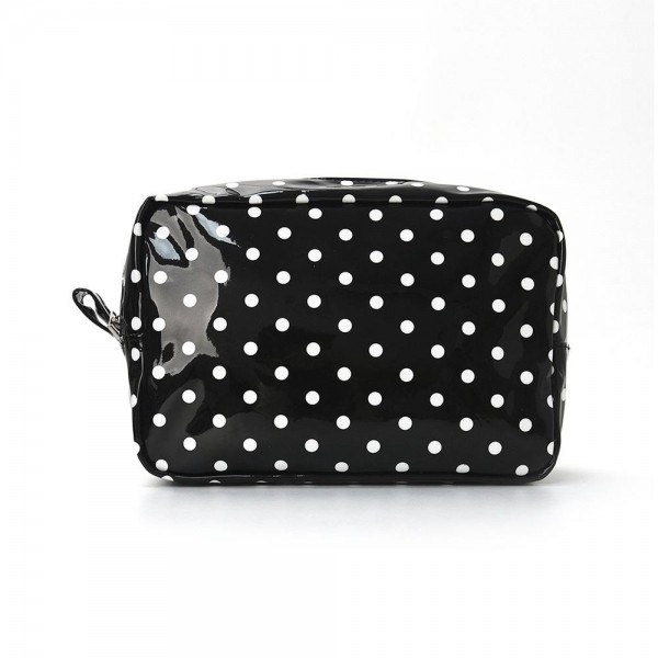 Coated polka dot cosmetic pouch with a wide zip top opening and a side pull tab that makes it easy to grab out of a bag. The flat base lets it sit open on a counter so nothing has to be dumped out to find a lipstick. Wipeable inside and out, which keeps it looking new after a season of daily use. A true impulse price accessory that customers buy two or three at a time.
