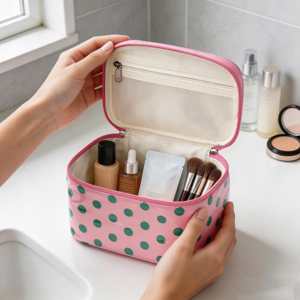 Polka dot train case with a zip around lid, a top carry handle, and a roomy single compartment that stands up on its own. The coated exterior wipes clean in seconds and the flat base keeps it steady on a bathroom counter or a hotel vanity. It holds a full daily routine plus brushes without squashing anything. A tidy gift item that sells on looks alone and pairs naturally with a matching tote.