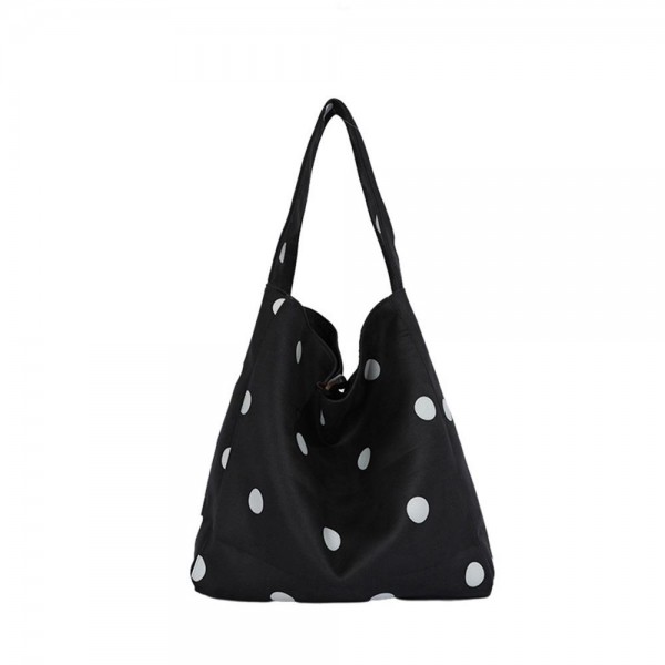 Polka Dot Hobo Tote with a soft slouchy silhouette, a single shoulder strap, and a spacious interior for wallets, water bottles, and everyday extras. The scattered dot print adds a playful touch to simple outfits, from jeans and sweaters to casual dresses. Lightweight and easy to carry from workday to weekend. Slouchy hobo shapes are back in demand, and this one delivers an on trend look at a price that makes it an easy add for any boutique bag display.