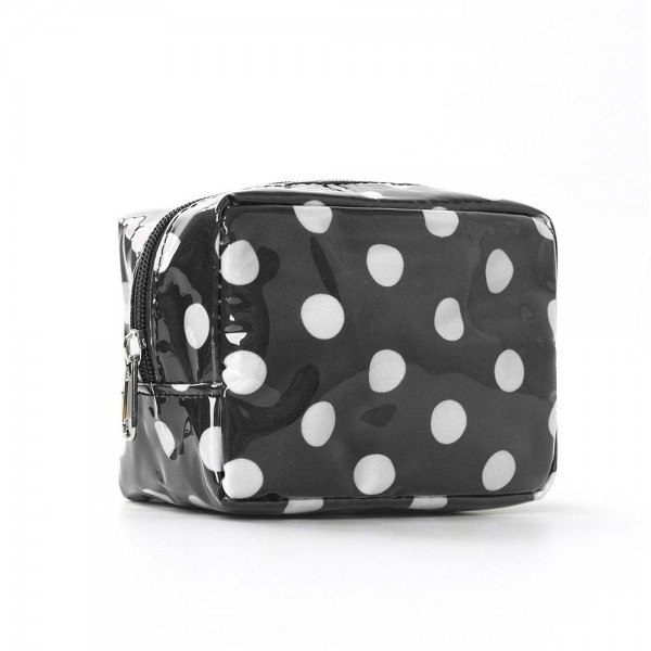 Polka Dot Boxy Cosmetic Pouch with a glossy coated finish, a smooth zip closure, and a compact square shape that sits neatly in a drawer or suitcase. Sized just right for makeup, hair ties, chargers, or travel toiletries, and the wipe clean surface handles leaky products with ease. Toss it in a tote, carry on, or gym bag for instant organization. A cute, affordable gift that boutique shoppers love to buy in multiples.