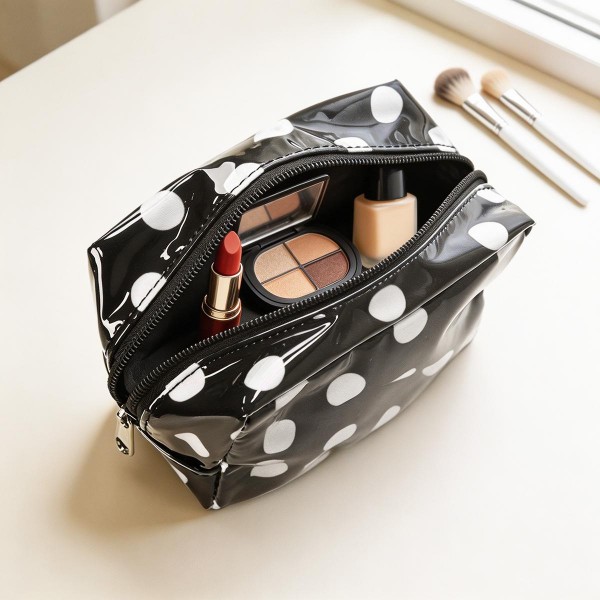 Polka Dot Boxy Cosmetic Pouch with a glossy coated finish, a smooth zip closure, and a compact square shape that sits neatly in a drawer or suitcase. Sized just right for makeup, hair ties, chargers, or travel toiletries, and the wipe clean surface handles leaky products with ease. Toss it in a tote, carry on, or gym bag for instant organization. A cute, affordable gift that boutique shoppers love to buy in multiples.