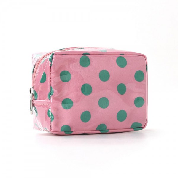 Polka Dot Boxy Cosmetic Pouch with a glossy coated finish, a smooth zip closure, and a compact square shape that sits neatly in a drawer or suitcase. Sized just right for makeup, hair ties, chargers, or travel toiletries, and the wipe clean surface handles leaky products with ease. Toss it in a tote, carry on, or gym bag for instant organization. A cute, affordable gift that boutique shoppers love to buy in multiples.