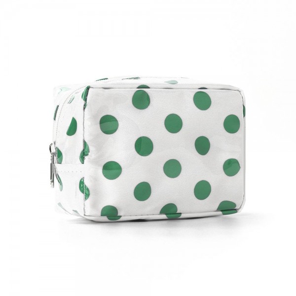 Polka Dot Boxy Cosmetic Pouch with a glossy coated finish, a smooth zip closure, and a compact square shape that sits neatly in a drawer or suitcase. Sized just right for makeup, hair ties, chargers, or travel toiletries, and the wipe clean surface handles leaky products with ease. Toss it in a tote, carry on, or gym bag for instant organization. A cute, affordable gift that boutique shoppers love to buy in multiples.
