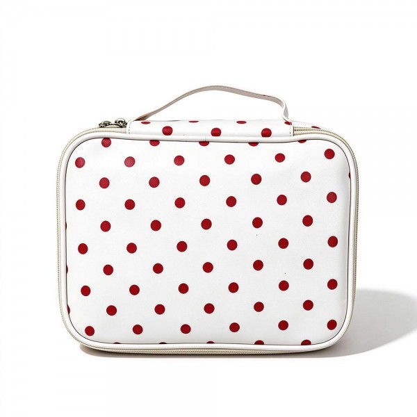 Polka Dot Makeup Case in smooth faux leather with a zip around closure, a structured boxy shape, and a sturdy top carry handle. The roomy interior holds brushes, skincare, and full size products, making it perfect for travel, the gym bag, or organizing a vanity. The wipeable finish makes quick work of everyday spills. A sweet, giftable organizer that pairs beautifully with matching polka dot pouches for an easy cross sell.