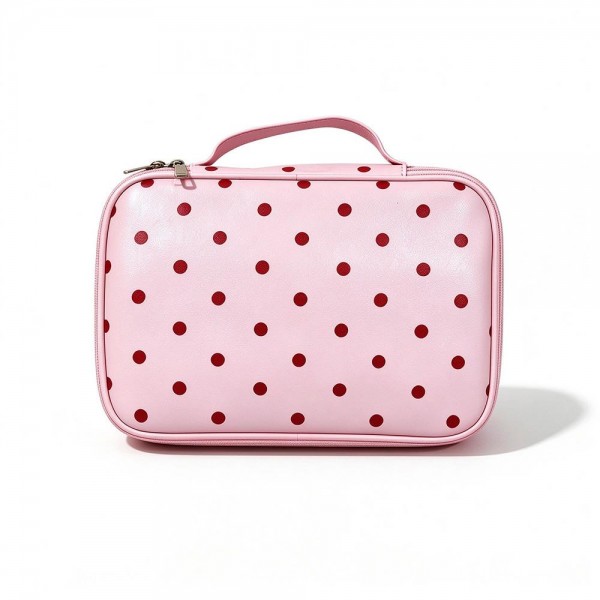 Polka Dot Makeup Case in smooth faux leather with a zip around closure, a structured boxy shape, and a sturdy top carry handle. The roomy interior holds brushes, skincare, and full size products, making it perfect for travel, the gym bag, or organizing a vanity. The wipeable finish makes quick work of everyday spills. A sweet, giftable organizer that pairs beautifully with matching polka dot pouches for an easy cross sell.