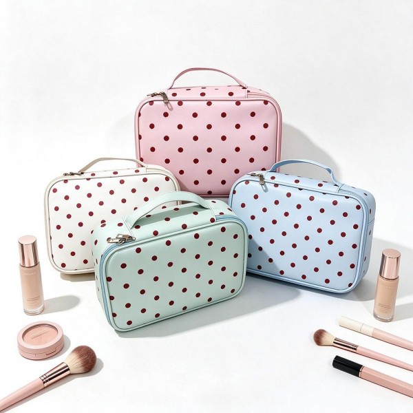 Polka Dot Makeup Case in smooth faux leather with a zip around closure, a structured boxy shape, and a sturdy top carry handle. The roomy interior holds brushes, skincare, and full size products, making it perfect for travel, the gym bag, or organizing a vanity. The wipeable finish makes quick work of everyday spills. A sweet, giftable organizer that pairs beautifully with matching polka dot pouches for an easy cross sell.