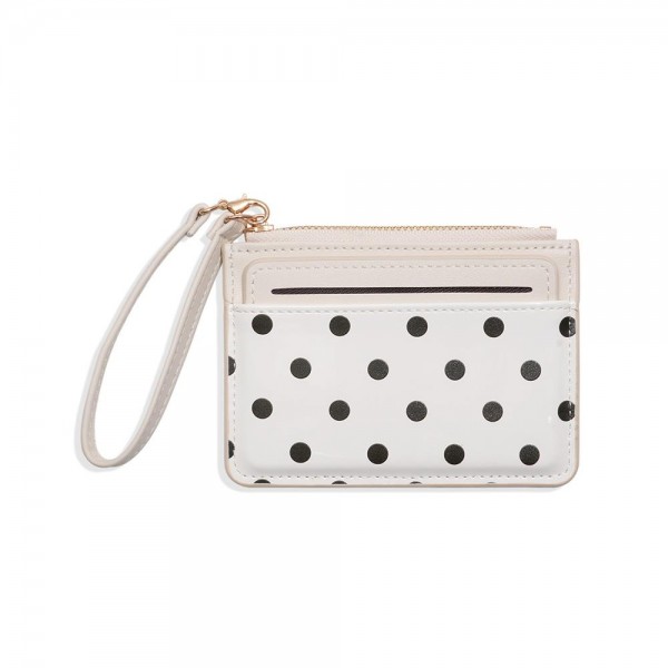 Polka Dot Wristlet Card Wallet with a glossy dot print front, a quick access card slot, and a zip top pocket for cash, coins, and keys. The attached wrist strap keeps it handy for school pickup, the gym, or a quick coffee run when a full purse is too much. Slim enough to tuck into any tote or backpack. An easy impulse buy and stocking stuffer that sells all year at the register.