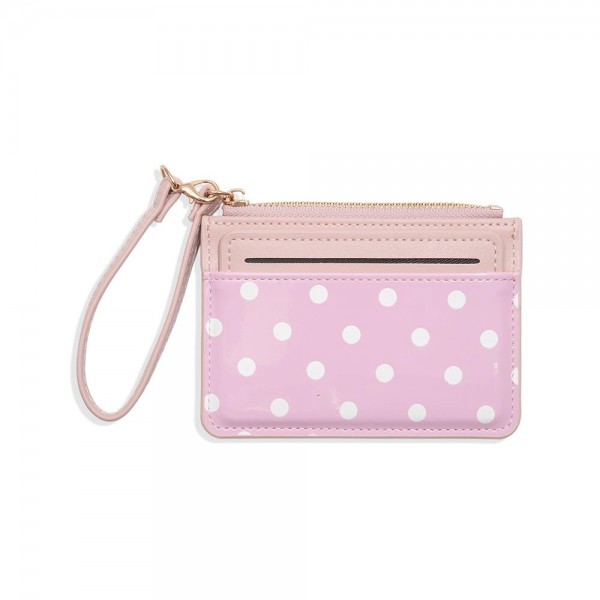 Polka Dot Wristlet Card Wallet with a glossy dot print front, a quick access card slot, and a zip top pocket for cash, coins, and keys. The attached wrist strap keeps it handy for school pickup, the gym, or a quick coffee run when a full purse is too much. Slim enough to tuck into any tote or backpack. An easy impulse buy and stocking stuffer that sells all year at the register.