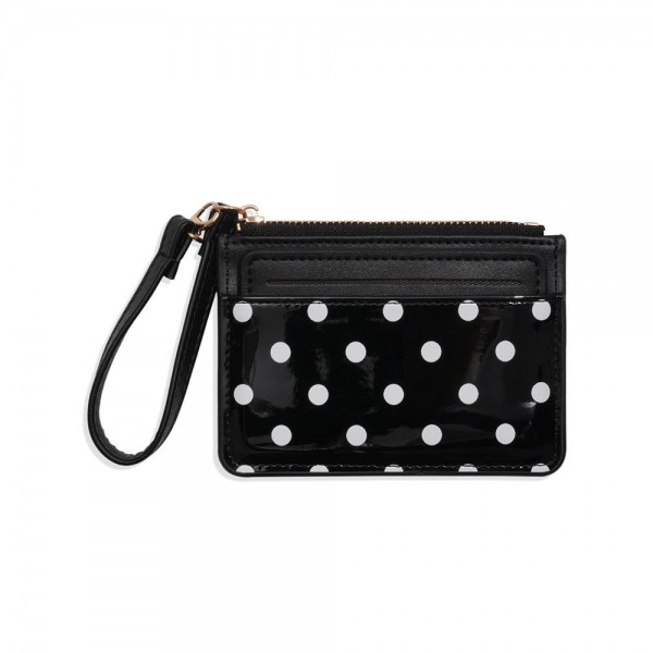Polka Dot Wristlet Card Wallet with a glossy dot print front, a quick access card slot, and a zip top pocket for cash, coins, and keys. The attached wrist strap keeps it handy for school pickup, the gym, or a quick coffee run when a full purse is too much. Slim enough to tuck into any tote or backpack. An easy impulse buy and stocking stuffer that sells all year at the register.