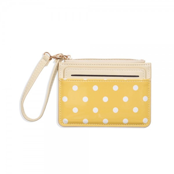Polka Dot Wristlet Card Wallet with a glossy dot print front, a quick access card slot, and a zip top pocket for cash, coins, and keys. The attached wrist strap keeps it handy for school pickup, the gym, or a quick coffee run when a full purse is too much. Slim enough to tuck into any tote or backpack. An easy impulse buy and stocking stuffer that sells all year at the register.