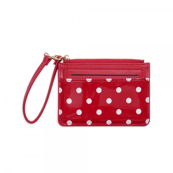 Polka Dot Wristlet Card Wallet with a glossy dot print front, a quick access card slot, and a zip top pocket for cash, coins, and keys. The attached wrist strap keeps it handy for school pickup, the gym, or a quick coffee run when a full purse is too much. Slim enough to tuck into any tote or backpack. An easy impulse buy and stocking stuffer that sells all year at the register.