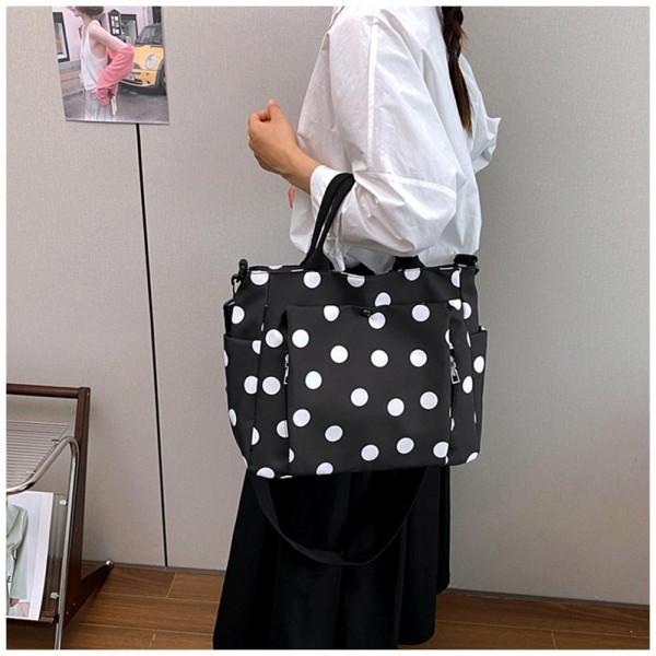 Polka Dot Nylon Crossbody Tote with dual top handles, an adjustable shoulder strap, and plenty of exterior pockets for a phone, water bottle, and keys. The lightweight fabric and roomy interior make it a smart pick for travel days, sports practice, errands, and diaper bag duty. Carry it by hand or wear it crossbody when you need to stay hands free. A practical, playful bag that busy moms and teachers love, priced to move quickly.