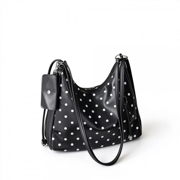 Polka Dot Convertible Hobo Backpack in soft faux leather with a slouchy silhouette, sturdy top handle, and adjustable straps that switch it to a hands free backpack in seconds. A side zip pocket with a tassel pull and a matching mini card pouch keep keys, cards, and lip balm within easy reach. Carry it to work, class, or on a weekend getaway. A versatile two in one bag that gives shoppers more style for their money and sells through quickly.