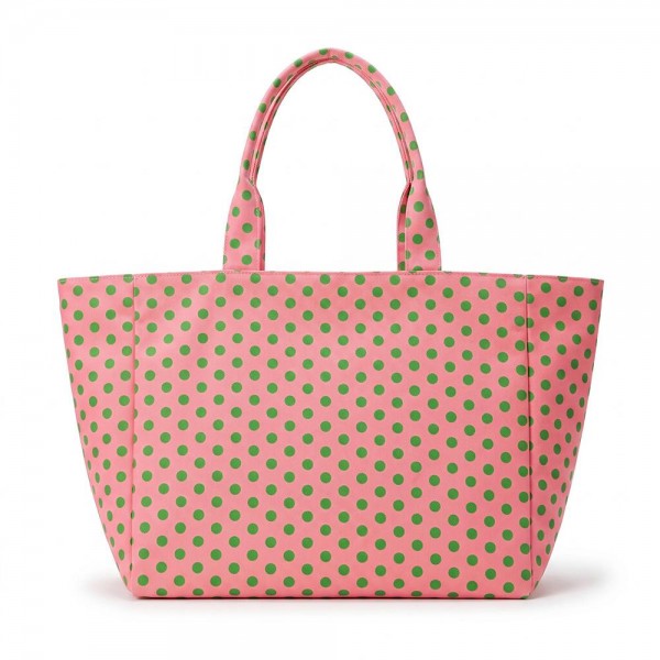 Polka Dot Tote Bag in a durable woven fabric with an allover classic dot print, matching shoulder straps, and a roomy open top that fits a laptop, water bottle, and everyday essentials. The wide, structured base keeps everything organized on the go. Perfect for beach days, farmers markets, school runs, and weekend getaways. A cheerful, budget friendly carryall that sells fast on its own and makes an easy gift.