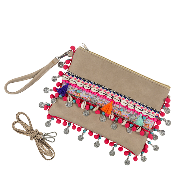 Wholesale tan faux suede purse pom pom coin fringe detailing Bag comes wristlet