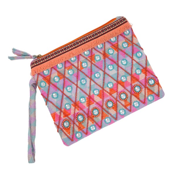 Wholesale embroidered clutch pouch wrist strap top zipper beaded fringe accents