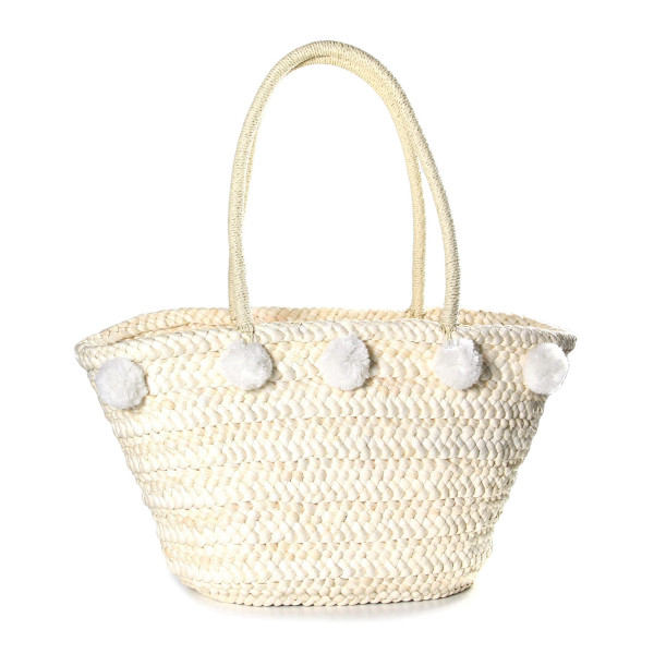 Wholesale woven straw tote bag pom pom accents at bottom at top shoulder drop