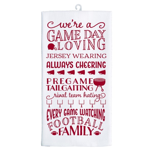 Gameday tea towel in crimson and white, that reads "We're a game day loving, jersey wearing, always cheering, pregame tailgating, rival team hating, every game watching, football family. Measures 25" x 19" when open. 