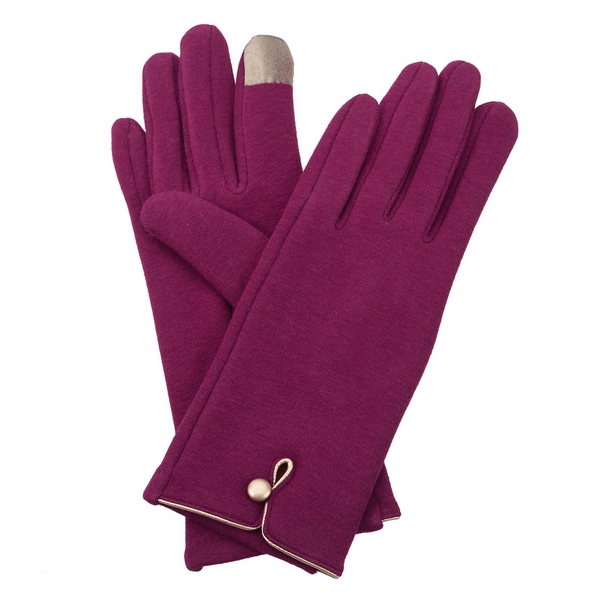Plum, fleece-lined gloves features touchscreen fingertips, and are accented with a gold button detail. 