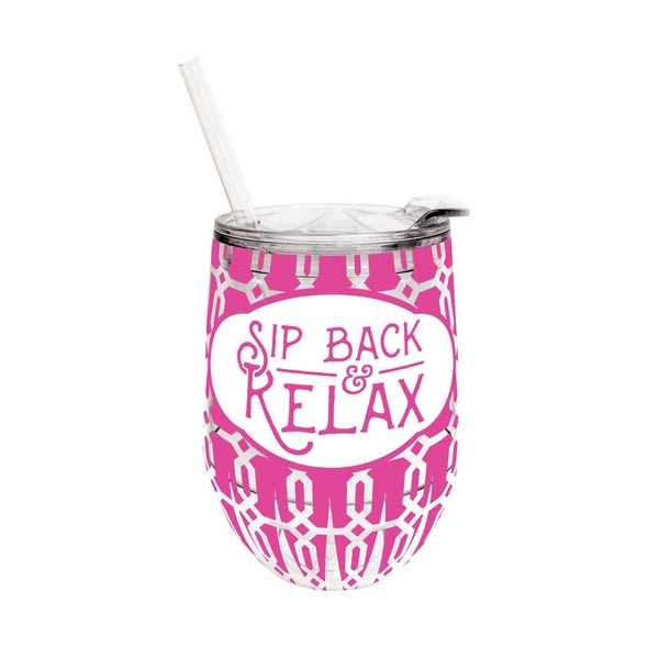 Wholesale ounce plastic stemless wine sippy cup lid straw saying Sip back relax